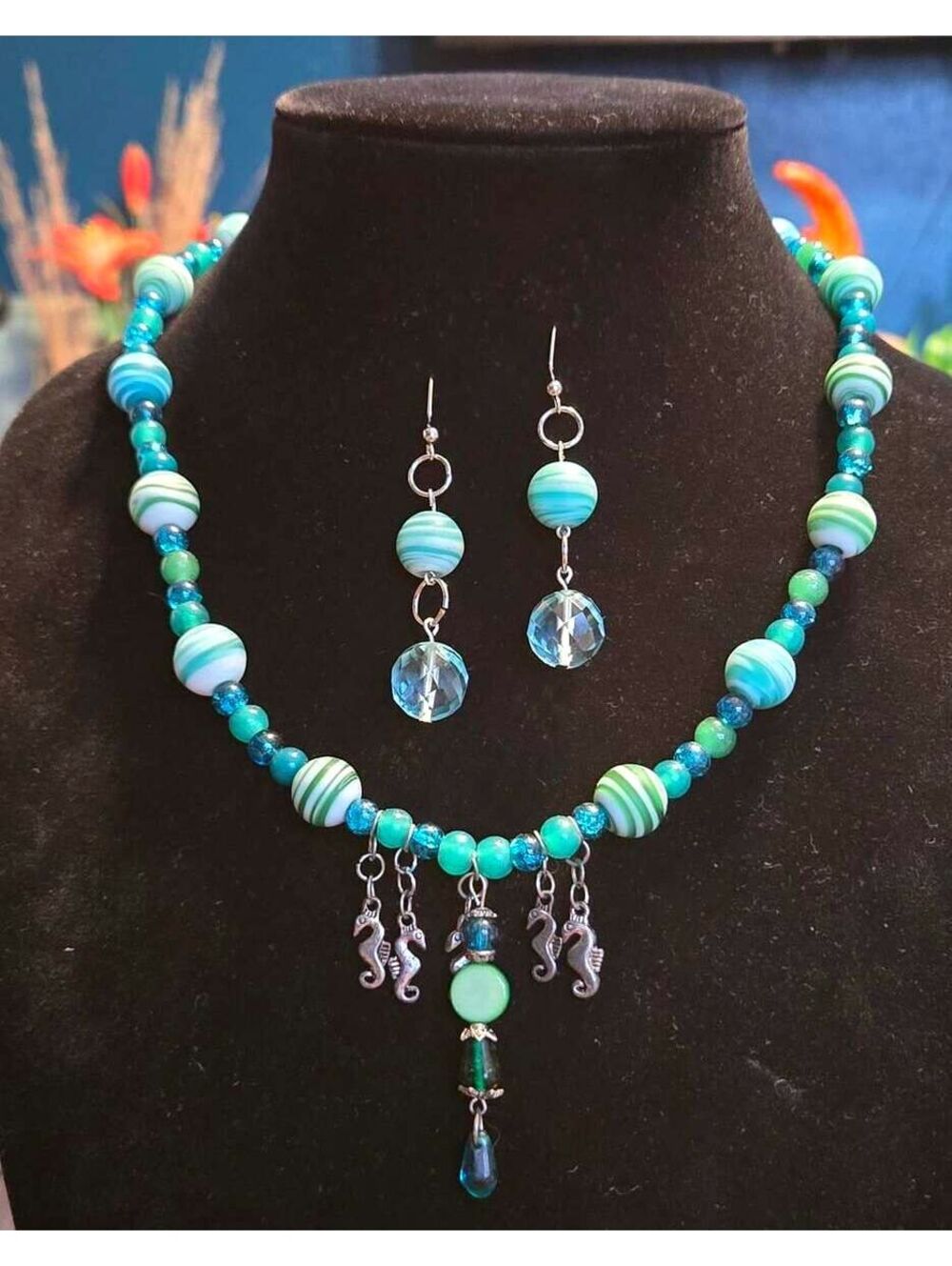 Aqua and White Swirl Glass Bead Necklace and Dangle Earring Set